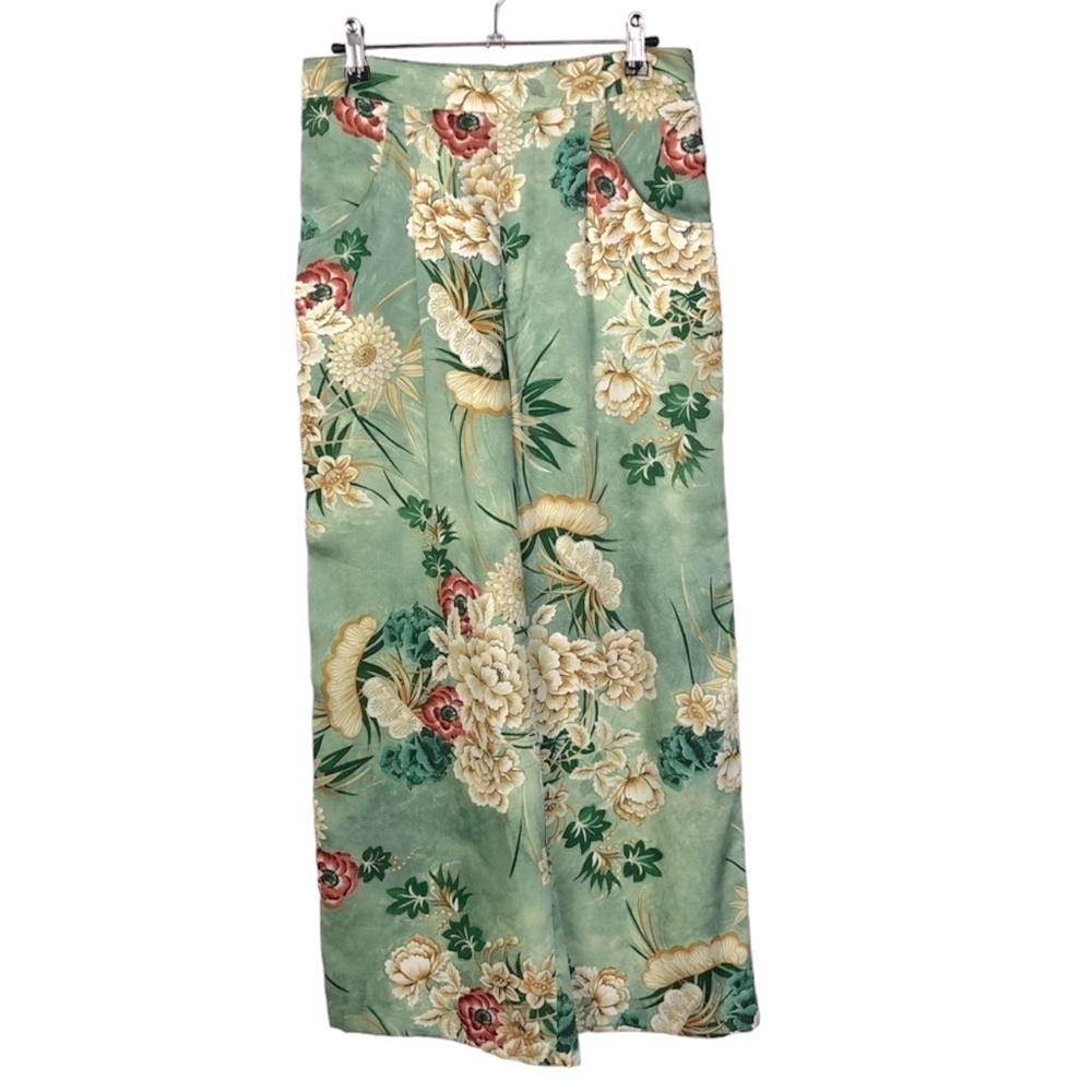 Zara Light Green Floral Satin High Rise Wide Leg Pants S